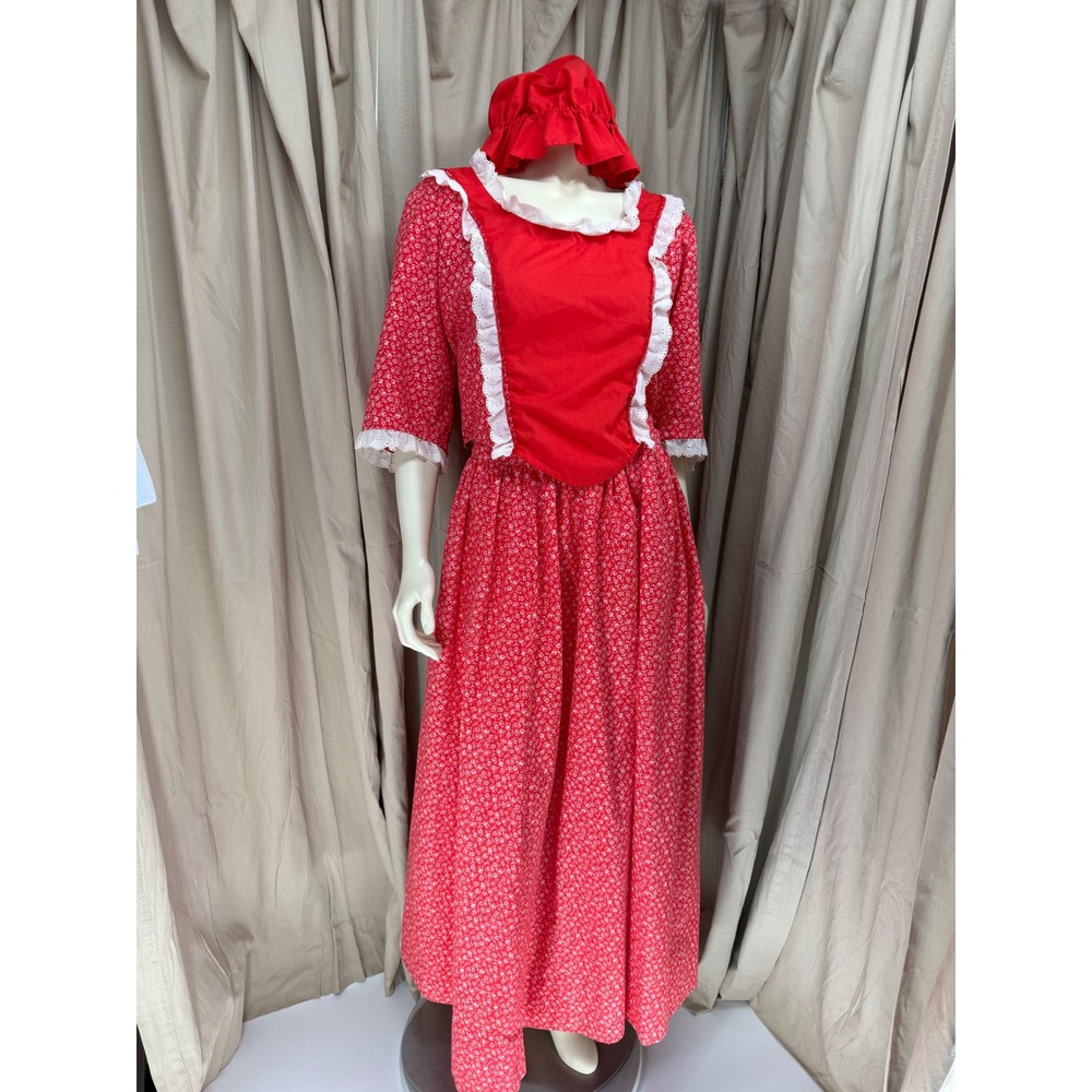 Vintage 60s 70s Handmade Prairie Maxi Dress Bonnet Red Calico Pioneer